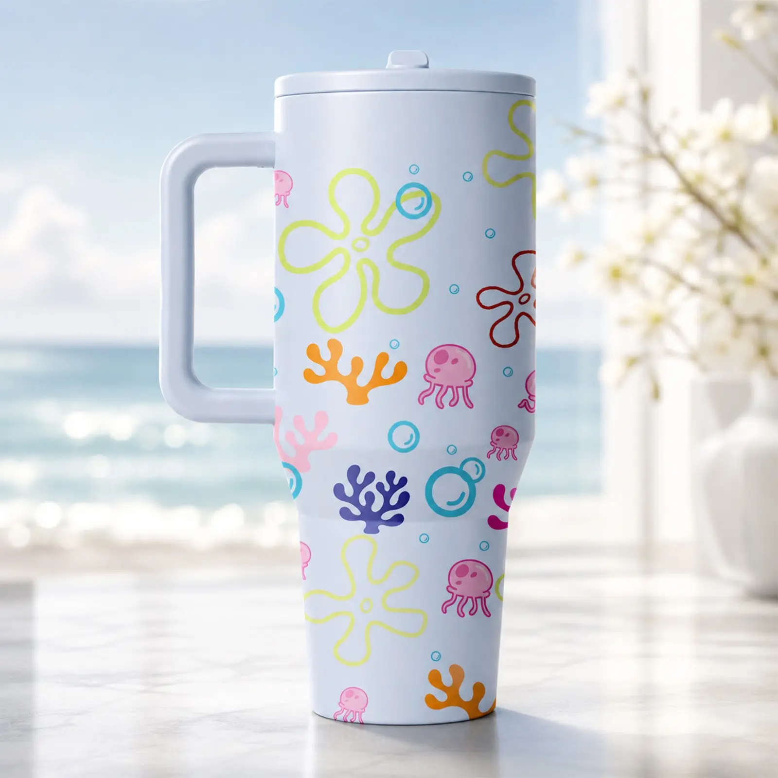 1 Pc 40oz insulated mug, Vacuum Insulated Cups, Vacuum Flasks, double wall, leak proof, with handle and lid, skinny design, for hot cold drinks, keep hot 12h cold 24h, ocean cartoon print, gift for women, travel daily use Leakproof Tumbler