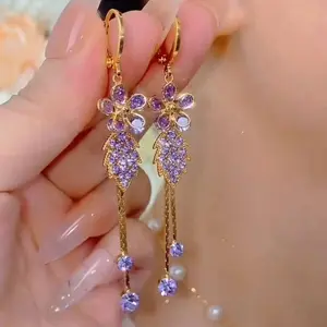 Purple flower leaf tassel earrings, a fashionable accessory -HN321-8