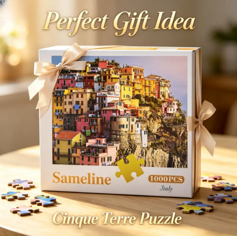 Sameline Italy Cinque Terre 1000-Piece Jigsaw Puzzle Kit, Recycled Card Coastal Scene Cliff Village Puzzle for Travel Love Adults, Frame Wall Decor Hobby Gift