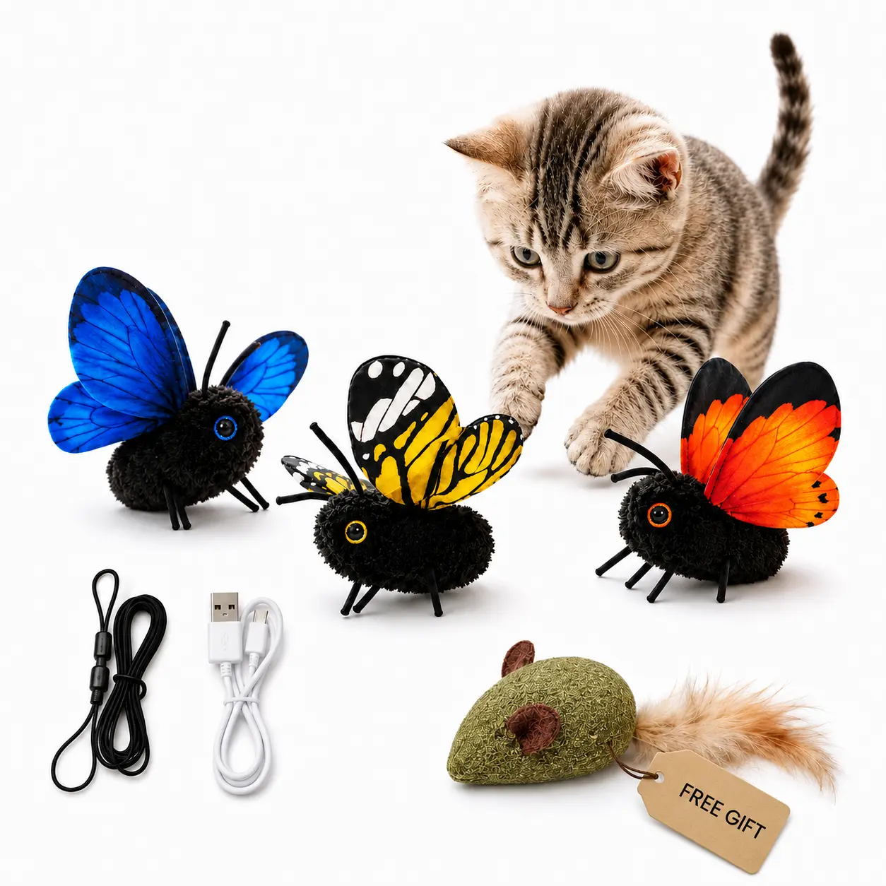 Cat Interactive Electric Butterfly Toy Set Bundle - Universal Fit, USB Rechargeable Hanging Teaser, 3 Flying Modes, Bonus Plush Catnip Mouse, Plush Fabric Washable Cover, Reduces Boredom for Indoor Cats