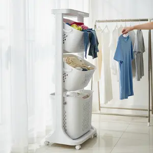 3 Tier Laundry Hamper Basket Sorter with Wheels & Handle Clothes Storage Organizer Rolling Cart for Bathrooms Bedrooms 360° Pulley Smiley Arc Design for Clothes Toiletries Snacks