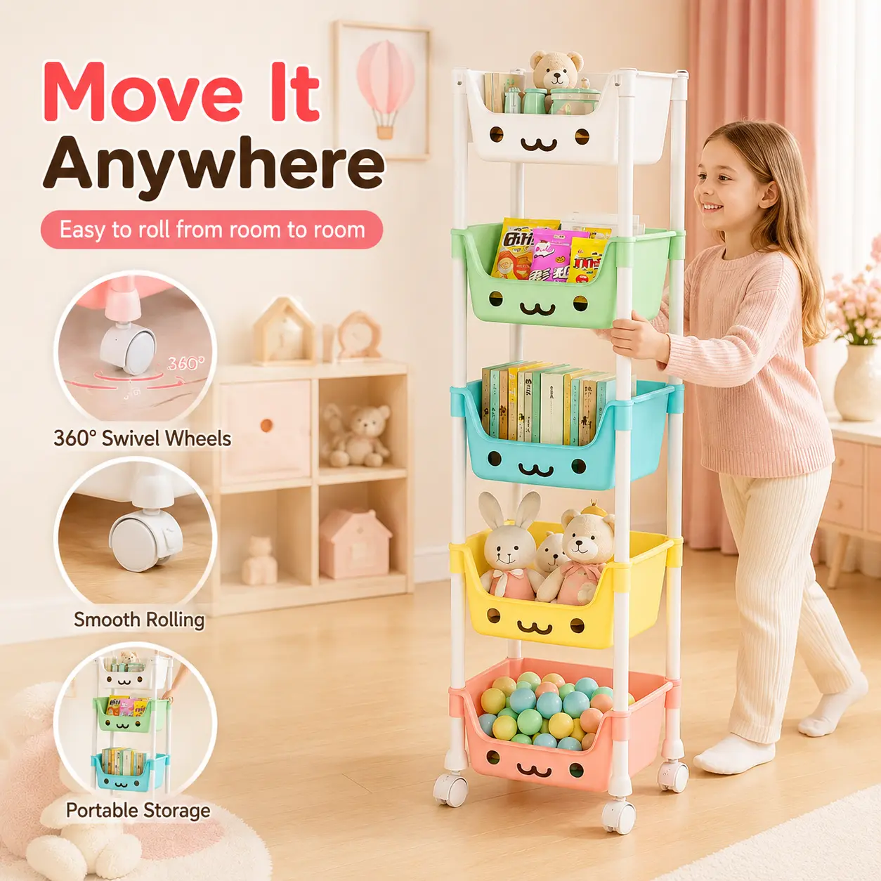 Kids Rolling Storage Cart 3-5 Tier, Cute Toy Organizer with Wheels, Portable Bathroom Bedroom Nursery Storage Shelf, Multi-Function Book Snack Clothes Organizer