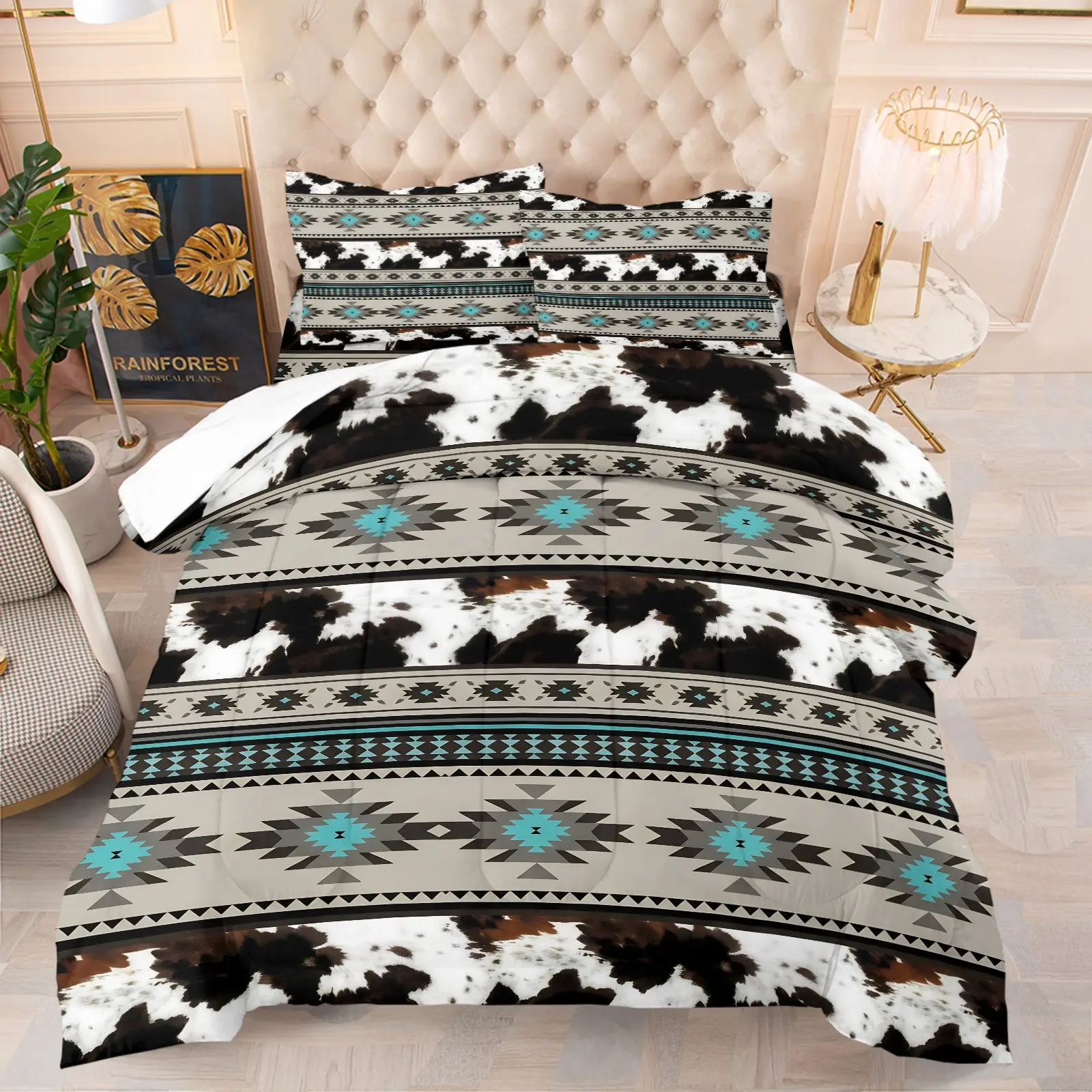 Aztec Cowhide Print Comforter Set, Soft Breathable Southwestern Western Bedding, 1 Quilt + 1/2 Pillowcases, All-Season Tribal Cow Pattern Quilt for Bedroom, Dorm & Apartment Decor, Twin/Full/Queen Size