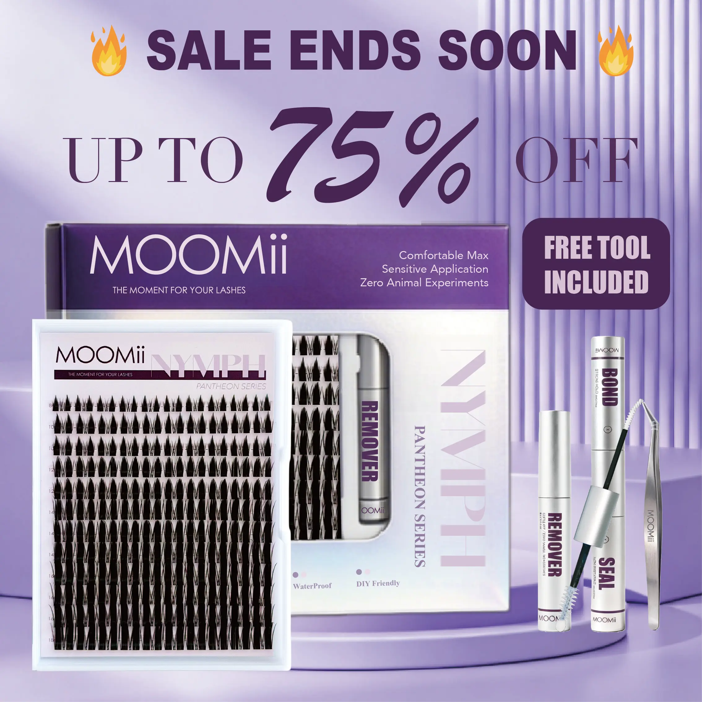 NYMPH MOOMii Cosmetic Manga Lash Clusters Makeup Set Kit (Ammonia-Free Toxin-Free Bond & Seal Option), 1-2 Weeks Long-Lasting DIY, Ultra-Soft Thin Band, Waterproof Bunny Ear Spiky D-Curl, Beginner Friendly At-Home Eyelashes