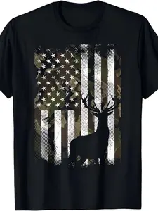 Camo Flag Deer Silhouette T-Shirt Black Patriotic American Flag Graphic Tee for Hunting and Outdoor Activities Casual Cotton