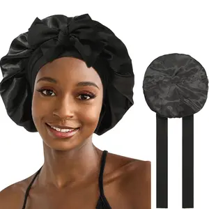 AWAYTR Women Silk Like Satin Bonnets Solid Color Nightcap for Sleep Women Black Sleeping Hair Care Bonnets Elastic Cap with Tie Band