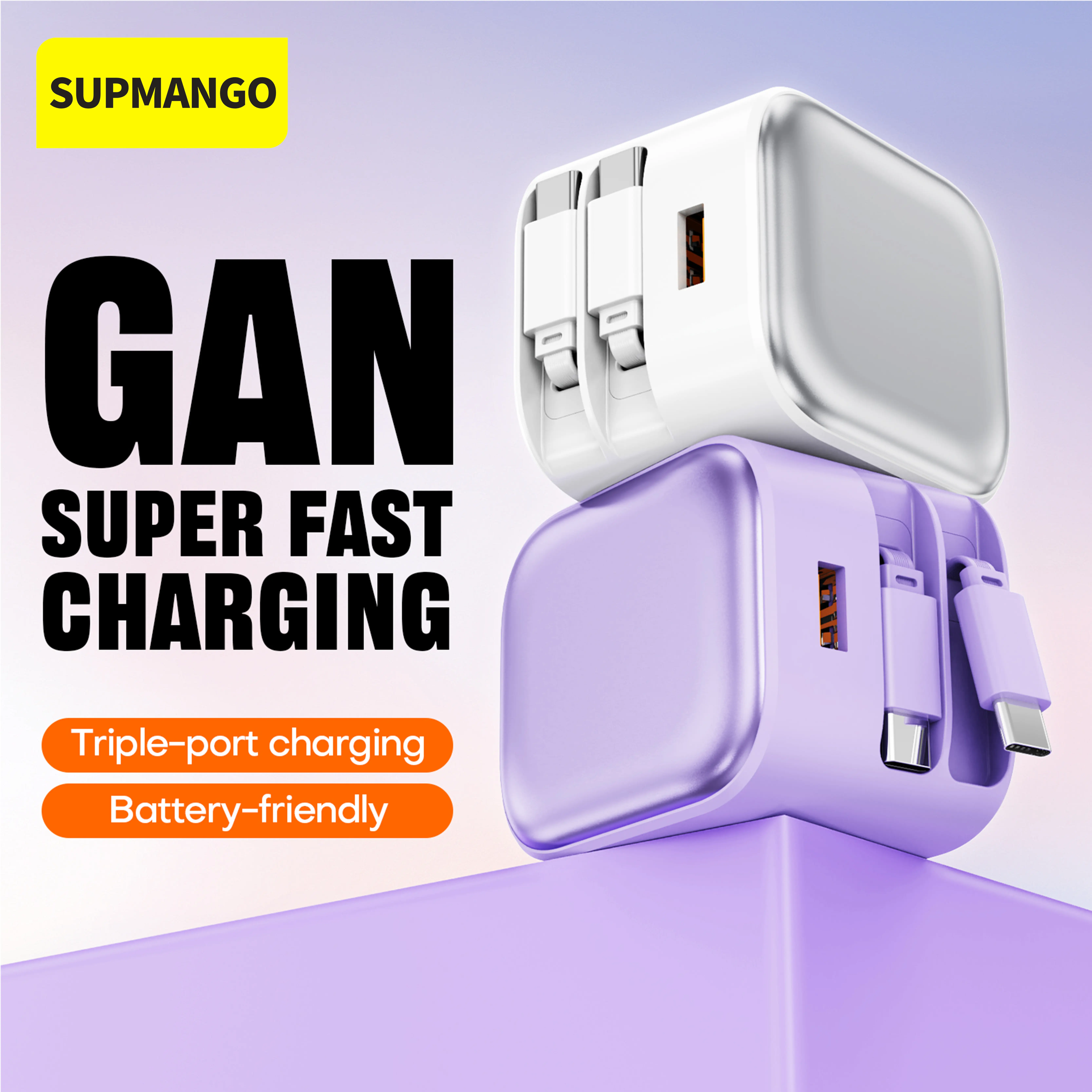 SUPMANGO 35W Advanced GaN Technology Universal Wall Charger - USB Charger with 2 Pcs 27.5in Retractable Type-C Cables, Portable Adapter for Smartphone, Cellphone, Devices
