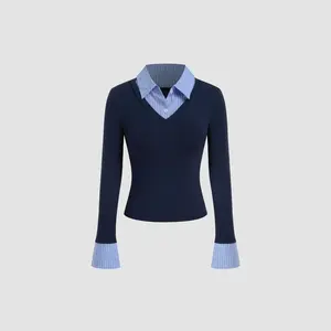 Cider Cotton-blend Collar Stripe Two Tone Top