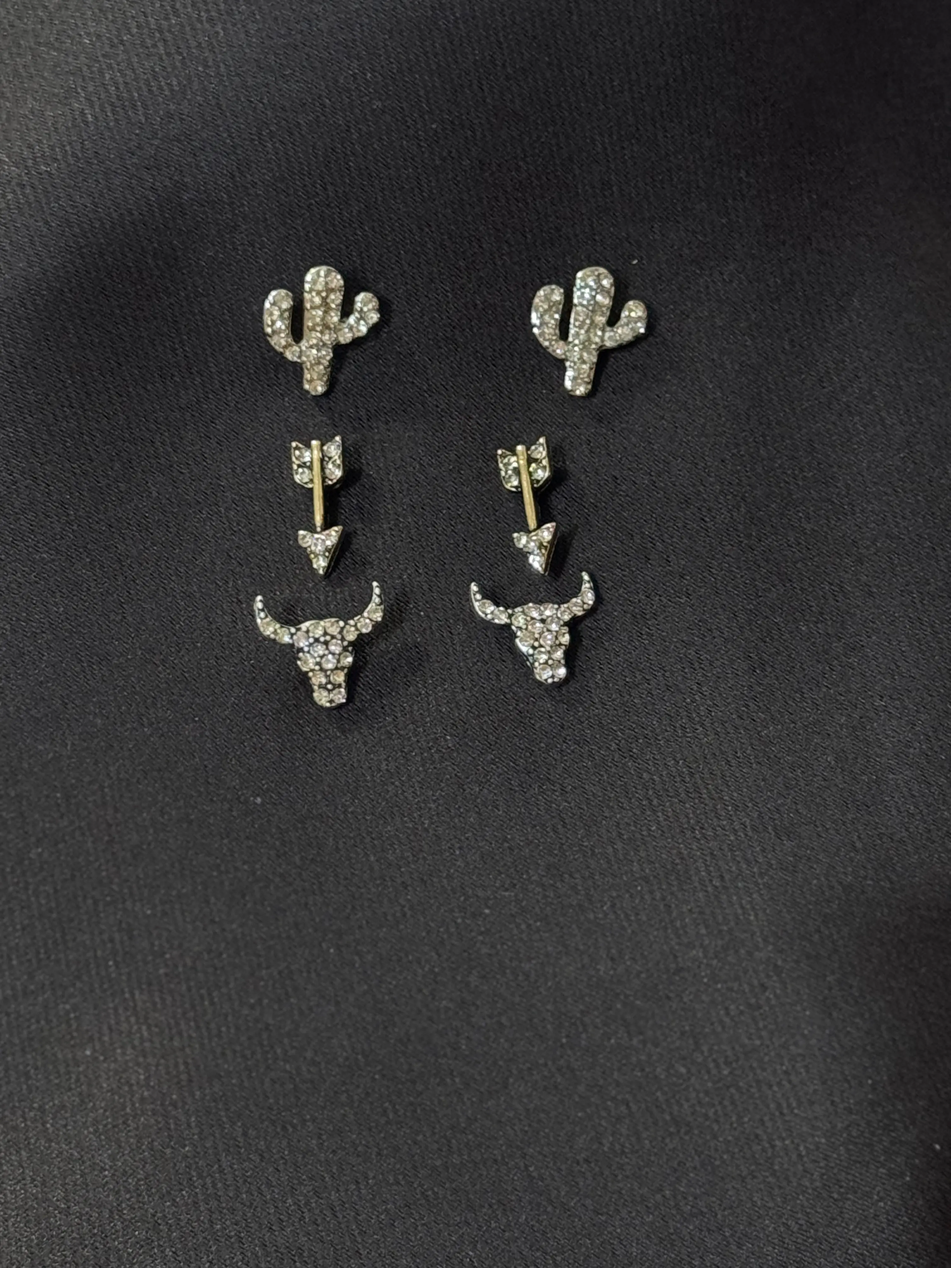 Silver-Tone Whimsical Earring Stack, 3-Piece Wild West Jewelry Set with Bull Skull, Cactus & Arrow Studs, Mix & Match Design, Jewelry Stack, Whimsical Earrings, Desert Vibes, Earring Stacks, Funky Earrings