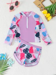 Floral Print Round Neck Long Sleeve Zipper Top, Two-Piece Swimsuit Set, Cute Swimwear, Summer Beach Vacation Gift, Floral Pattern, Round Neck Design, Zipper Closure