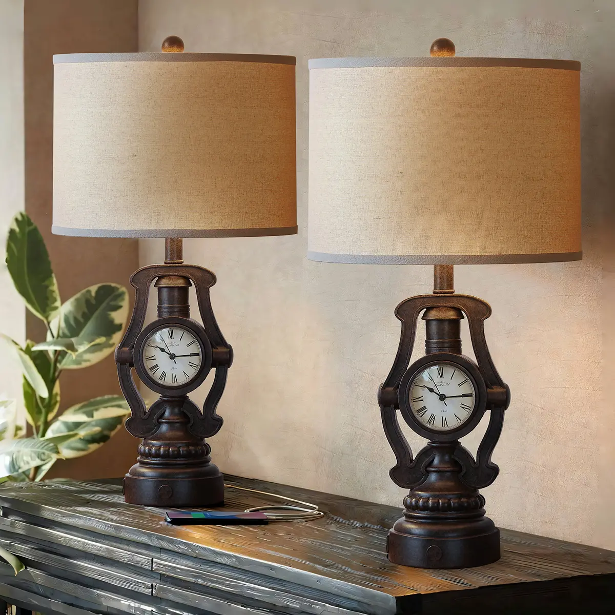 Vintage Clock Lamp Goals  25” set with USB ports—retro charm + handy perks (Set of 2)