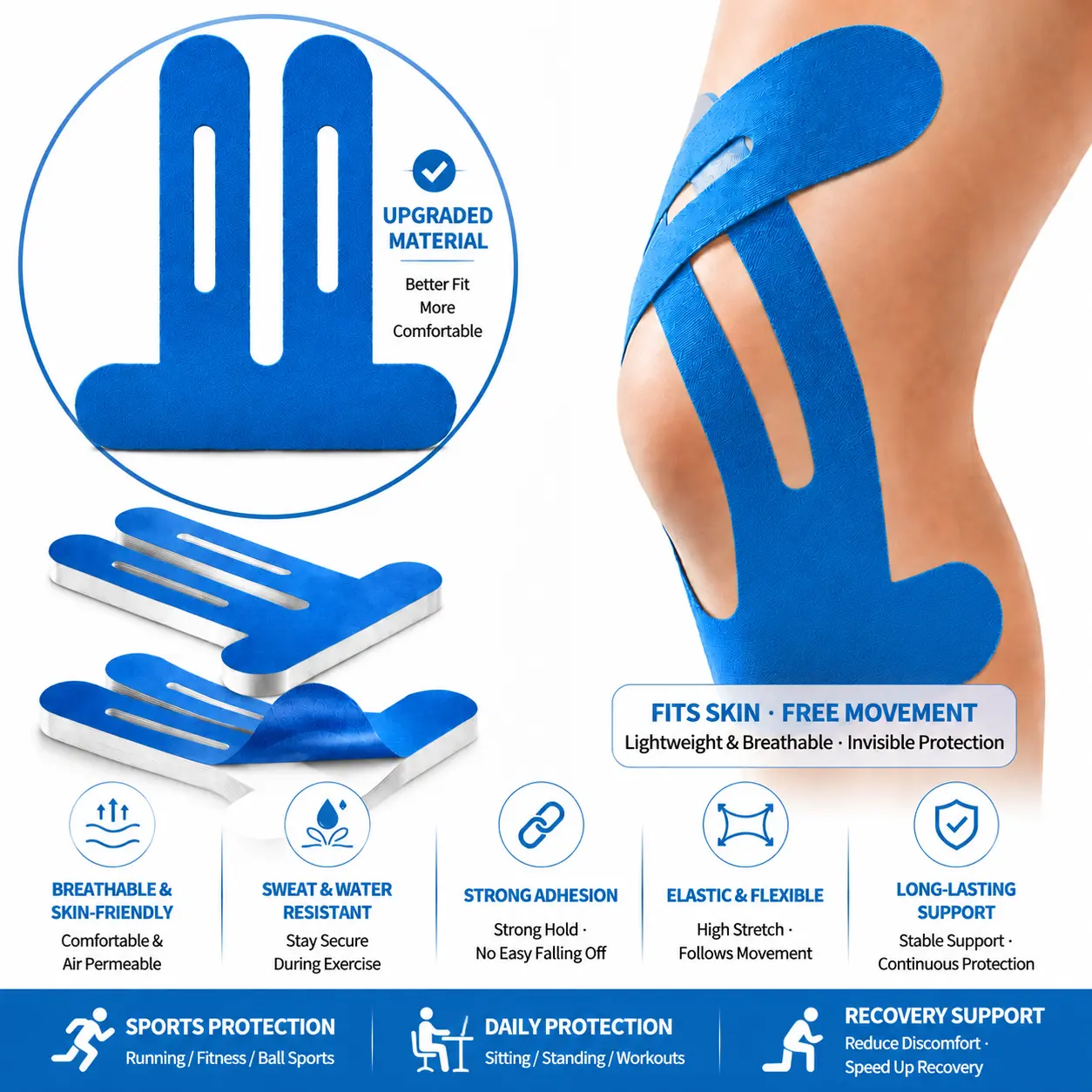 （Protect your legs）10Pcs Precut Kinesiology Tape for Knees Pain Relief Elastic Waterproof Athletic Knee Tape for Support Stability Sports(Blue)