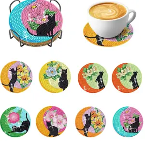 8-piece/set diamond art painting coaster with stand, DIY cat pattern diamond art coaster, diamond painting kit suitable for adults and beginners, diamond kit craft supplies, exquisite gift for friends, Diamond Painting Coasters