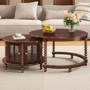 31.5" Vintage Round Nesting Coffee Table, Accent Center Table with Six Bamboo-Shaped Decorative Glass Doors and Retro Beaded Legs for Living Room, Office, Apartment, Walnut