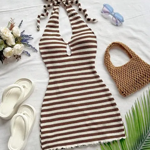 Women's Casual Stripe Summer Vacation Striped Dress, Casual Beach Sundress, Beach Wedding Guest, Graduation, St Patrick's Day, Spring Break, Easter, Music Festival, Boho Chic, Bohemian, Vibe, Sleeveless, Backless Mini Dress