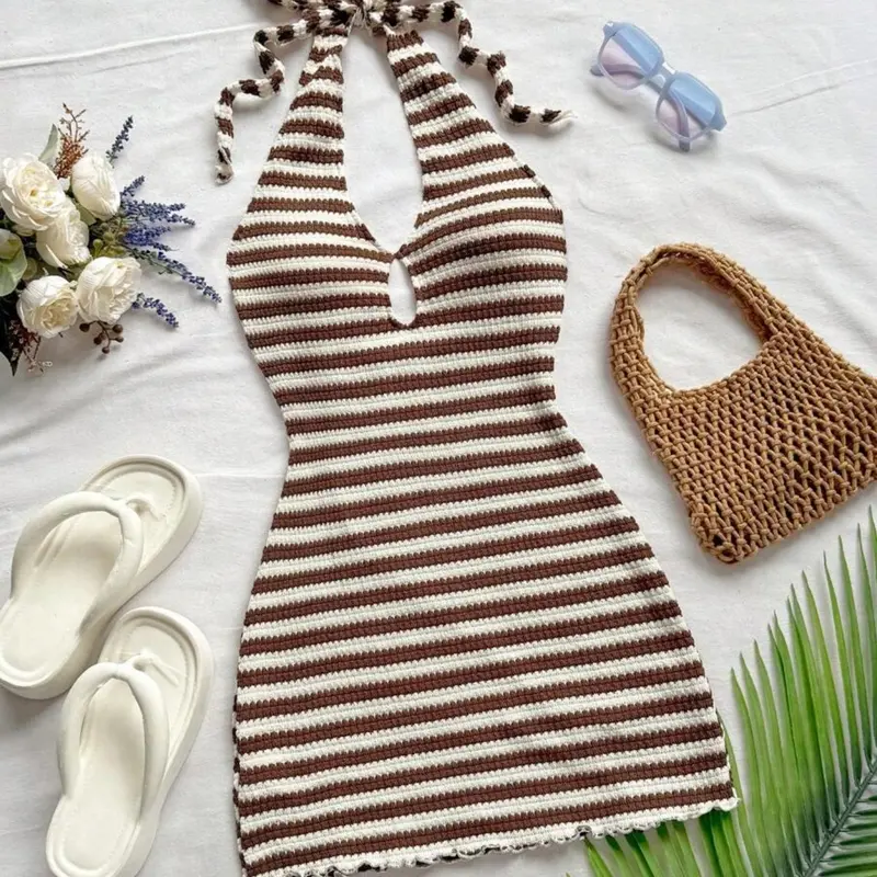 Women's Casual Stripe Summer Vacation Striped Dress, Casual Beach Sundress, Beach Wedding Guest, Graduation, St Patrick's Day, Spring Break, Easter, Music Festival, Boho Chic, Bohemian, Vibe, Sleeveless, Backless Mini Dress