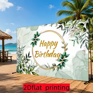 2D Flat 1PC Polyester Eucalyptus Gold Ring Happy Birthday Backdrop Watercolor Greenery Decor for Indoor & Outdoor Birthday Party, Boho Gathering, Photo Booth, Wall Decor, Home Decoration, Event Background, Available in Multiple Sizes