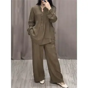 Women's 2 Piece Set Fashion Office Lady Cotton Linen Long-sleeve Casual Loose Wide-leg Pants Suit 2024 Spring Autumn Women Sets