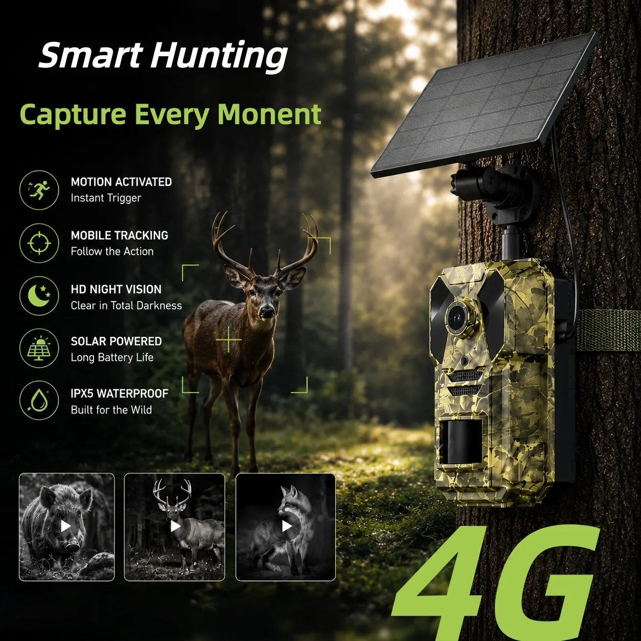 1pc 4G LTE cellular trail camera, 2.5K HD live view, motion tracking, motion activation with 0.2s trigger time, infrared night vision, two-way audio remote access, no WiFi needed, built-in SIM card ,  outdoor tracking and hunting camera.