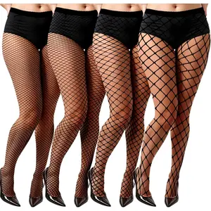 4 Pairs Plus Size Fishnet Stockings for Women, Stretchy Fishnet Tights High Waist Fish Nets Black Leggings Gothic Clothes for Women, One Size