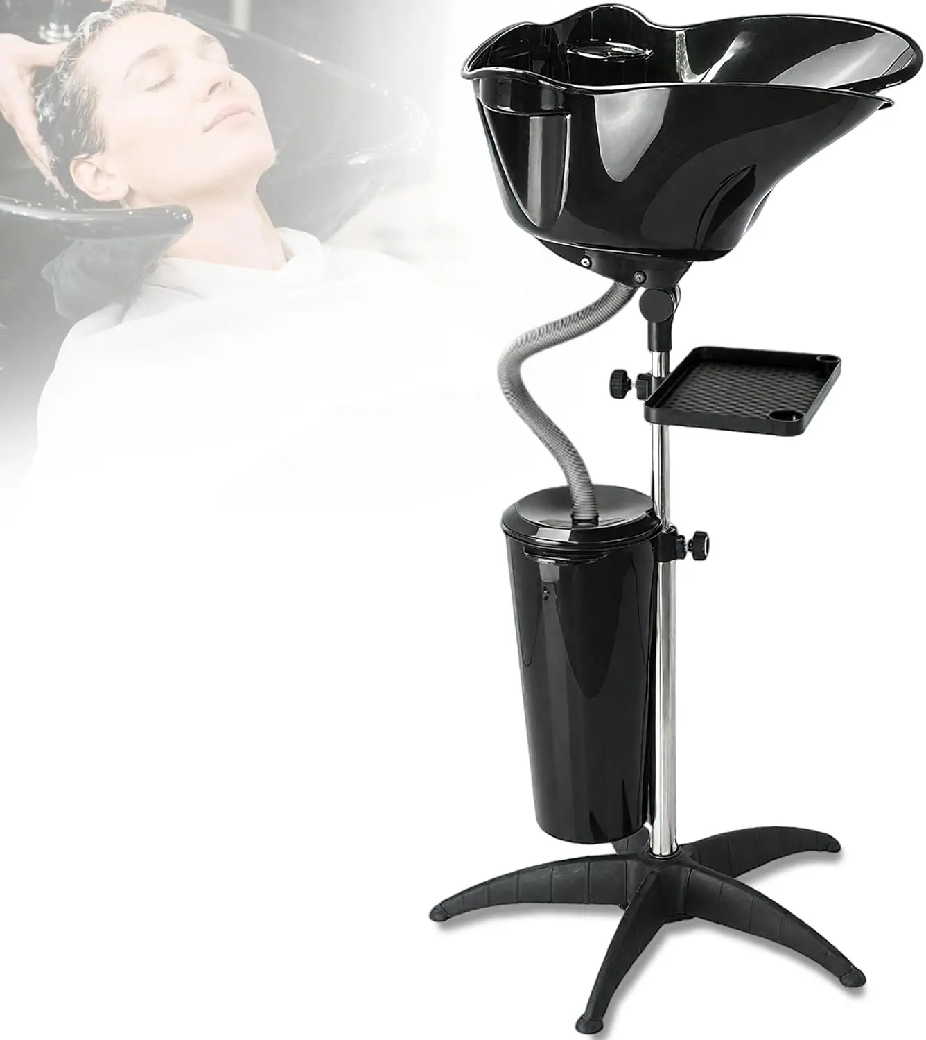 Portable Mobile Shampoo Bowl,Height-Adjustable Tear Free Hair Washing Sink,with Drain Pipe and Bucket,for Beauty Salon,Barber Shop,Home