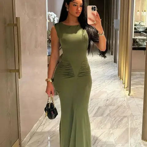Women's Plain Ruched Round Neck Bodycon Evening Dress, Elegant Slim Fitting Sleeveless Maxi Mermaid Dress for Party Club Dating Formal Wear, Ladies Summer Clothes, Womenswear, Bodycon Dresses