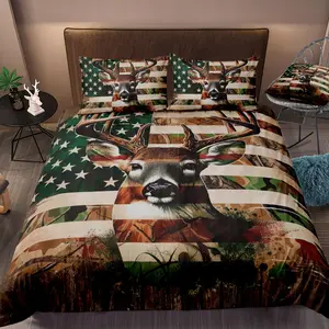 Deer & Flag Pattern Bedding Set, 3 Counts/set Including 1 Count Quilt Cover & 2 Counts Pillowcase without Filler, Soft Comfortable Bedding Set for Bedroom