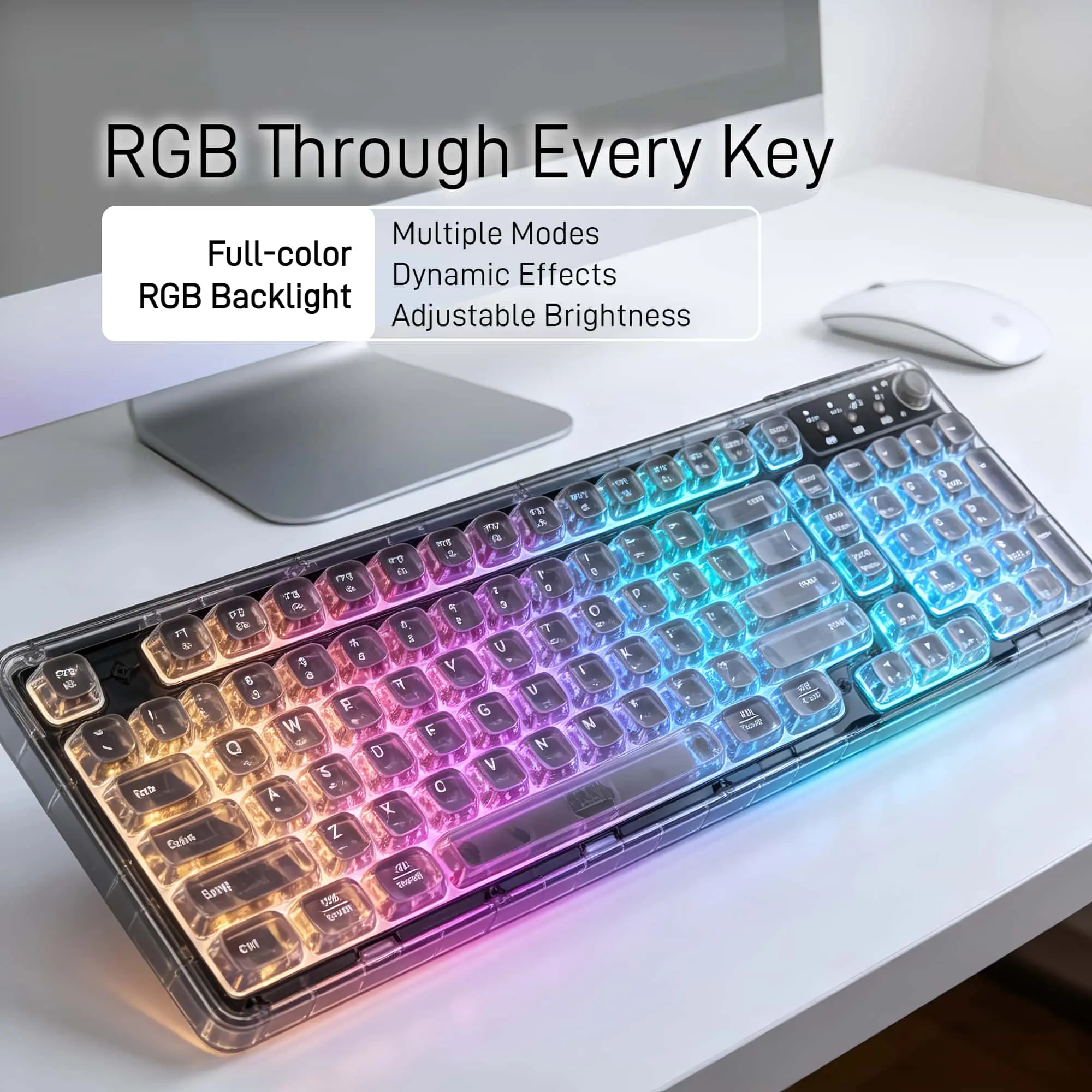 F99 Crystal Transparent RGB Gaming Keyboard, 99-Key Tri-Mode Wireless Keyboard with Mechanical Feel, Bluetooth 5.0/2.4G/USB-C Connection, Rechargeable Backlit Keyboard with Volume Knob, Ideal for Gaming Room, PC & RGB Desk Setup, Black