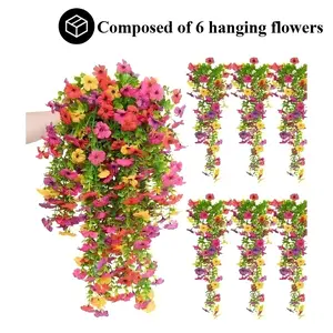 6 bundle Artificial Hanging Flowers Plants, Decorative Artificial Flowers, Chrysanthemum with Eucalyptus Leaves, UV Resistant, Realistic Appearance, Long Drooping Vines, Suitable for Outdoor & Indoor Planters, Porch, Balcony Yard Decoration