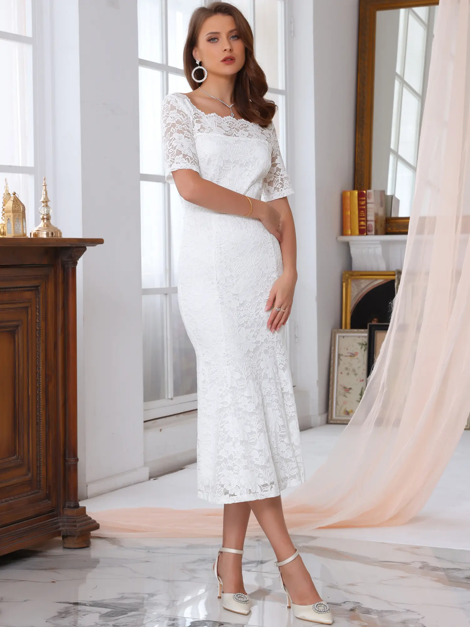 INSPIRE CHIC Women's Wedding Dress for Bride Formal Evening Gown Off Shoulder Mermaid Lace Dresses
