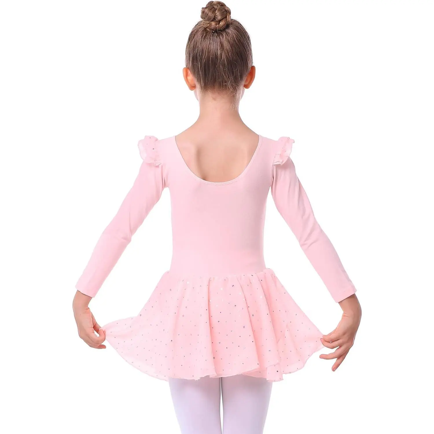 L-GCS037 Toddler Girls' 10-12 Years Cotton Spandex Long-Sleeve Leotard Top, Elastic Fit Opaque Dance Outfit with Glitter Skirt, Super Comfy Fabric, No Bleach, Ballet Leotard, No Closure, Skirt Bottom, Fine Workmanship, Skirted, Performance Wear
