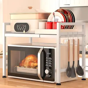 Adjustable Microwave Stand – Expandable Countertop Organizer for Rice Cooker, Toaster & Utensils – Space-Saving Kitchen Shelf with Hooks – Perfect for Small Kitchens & Holiday Cooking