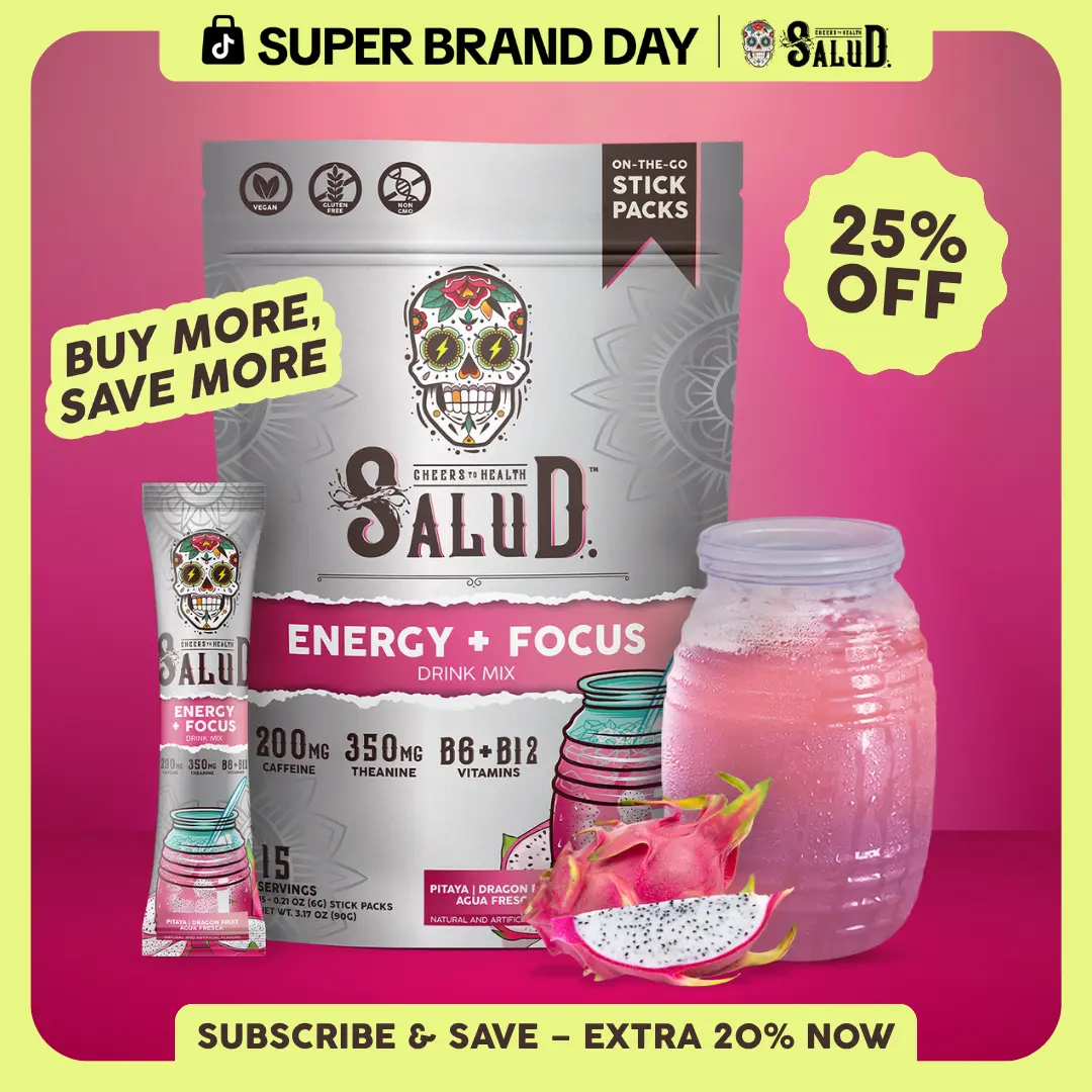 Salud 2-in-1 [Energy + Focus – Pitaya | Dragon Fruit] Clean Energy Drink Mix, Agua Fresca, Organic Caffeine (200mg), L-Theanine (350mg), L-Tyrosine, Vegan, Non-GMO, Gluten Free, Low Calorie, 1g Sugar (15 Servings)