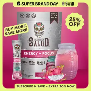 Salud 2-in-1 [Energy + Focus – Pitaya | Dragon Fruit] Clean Energy Drink Mix, Agua Fresca, Organic Caffeine (200mg), L-Theanine (350mg), L-Tyrosine, Vegan, Non-GMO, Gluten Free, Low Calorie, 1g Sugar (15 Servings)