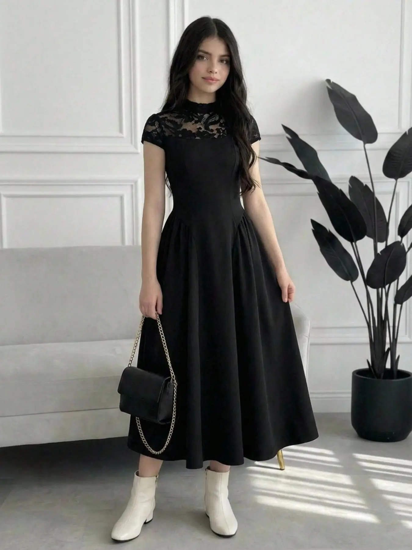 Elegant Stand‑Collar Lace Slim‑Fit Flared Skirt Birthday Banquet Princess Dress, Waist‑Cinching Slim‑Fit Short‑Sleeve Midi Dress, Suitable for Outing School Back‑to‑School Performance Party Exquisite Four‑Season Outfits, Tween Girls 13‑16 Years Old