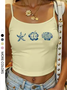 Women's Starfish Shell Print Tight-Fitting Spaghetti Strap Tank Top, Casual Sleeveless Graphic Cropped Design, Summer Homewear for Ages 13-65+ Style