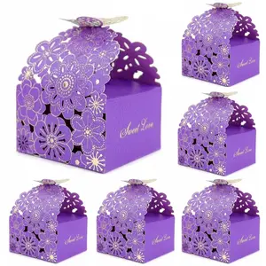 Elegant Light Blue and Gold Party Gift Boxes, 50 Pcs Butterfly Floral Lace Paper Gift Boxes with Decorative Bags, Wedding Birthday Christmas Gifts