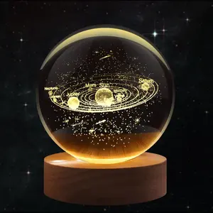 3D Solar System Crystal Ball Night Light LED Light Hologram Glass Lamp with Solid Wood Base USB Powered Crystal Ball Lamp for Home Decor Display Gift