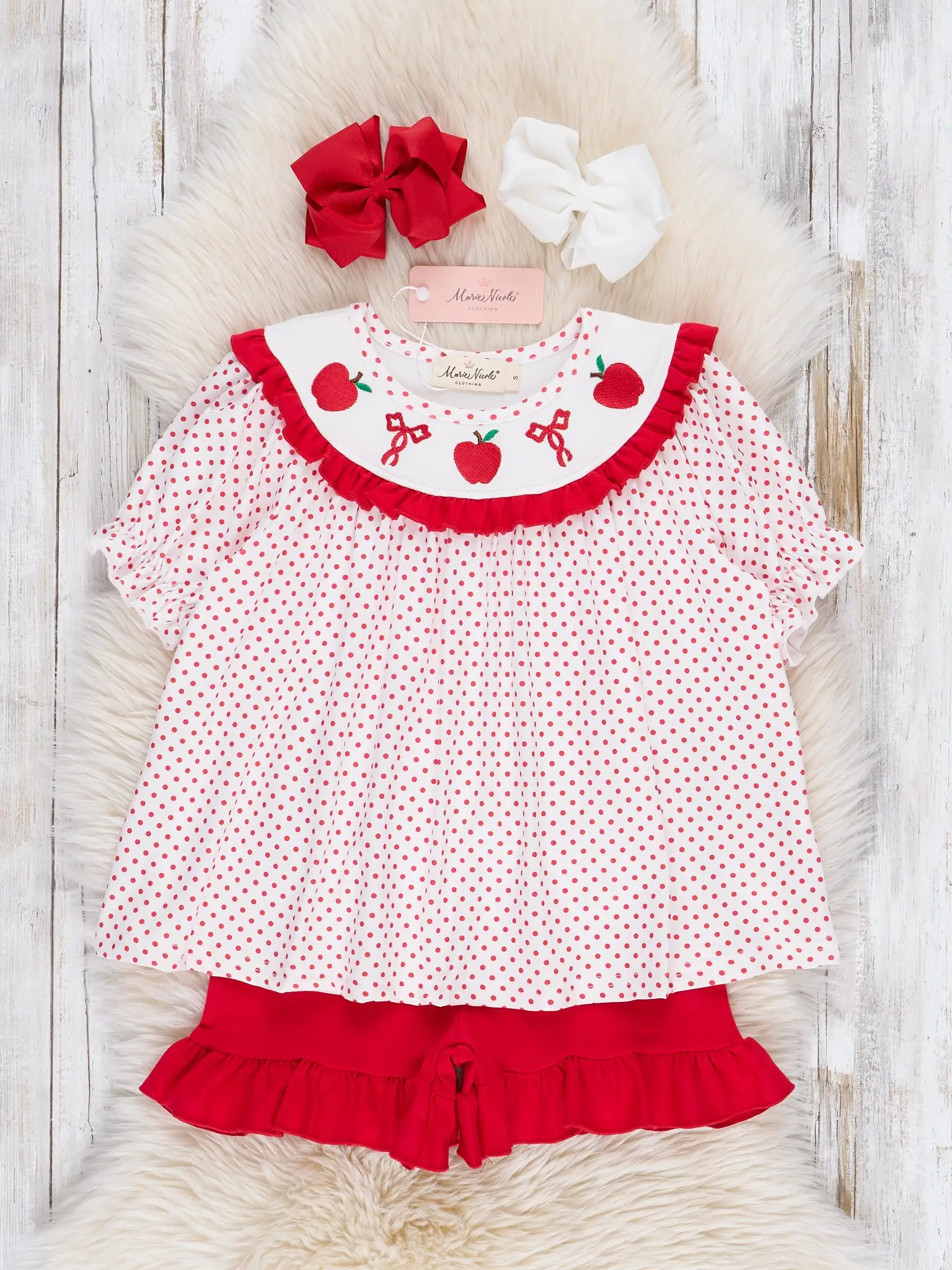 Dots Smocked Apples Bows Ruffle Outfit