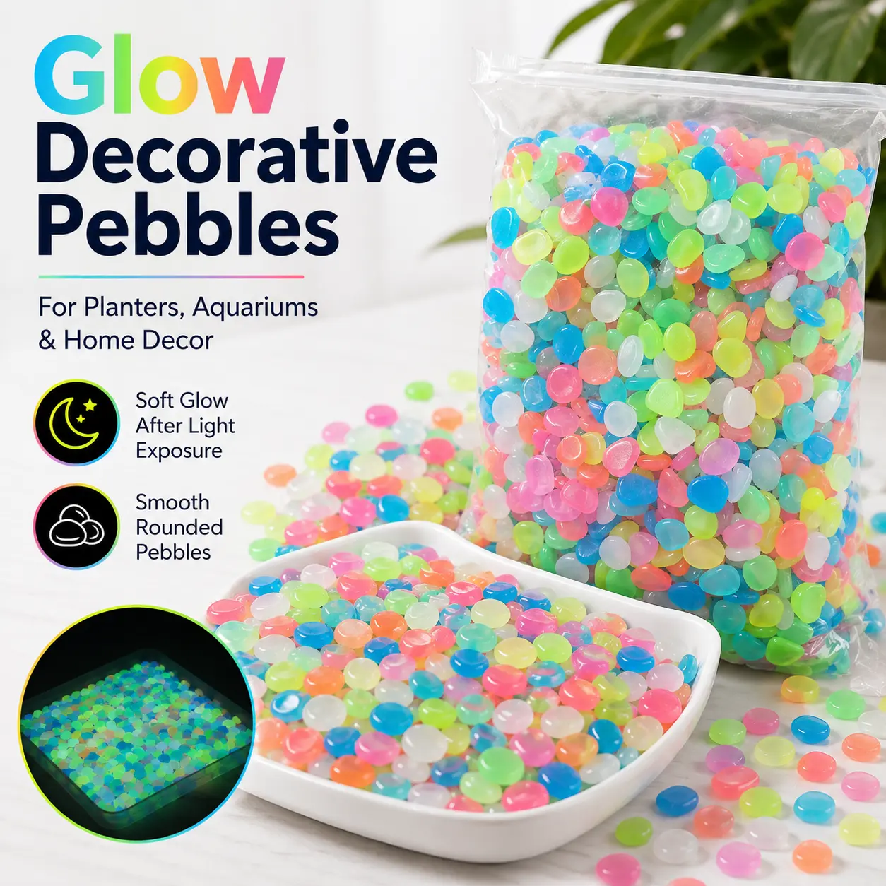 500 Pieces Soft Glow in the Dark Assorted Mixed Decorative Pebbles - Smooth Resin Stones, Decorative Fill for Planters, Walkways, Home Decor, Sunlight Charge Garden Landscaping Supplies