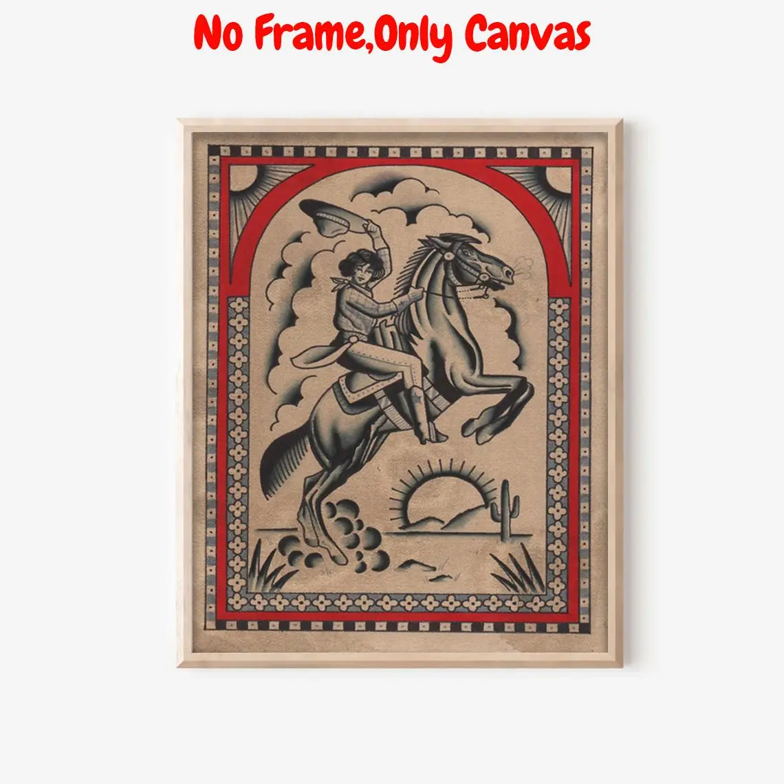 Vintage Cowgirl & Horse Pattern Unframed Painting, Vintage Design, Wall Art Southwestern Print Canvas Printing, Wall Decor for Home Living Room Bedroom, Photo, Wall Art Decoration, Tombstone Wall Art, Wall Picture Decor, Unique Artwork, Decorative Artwork