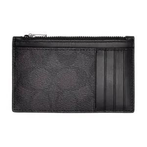 COACH Card Case 13: Classic Zippered PVC-and-Leather Wallet for Men and Women, Monogram Charcoal Black