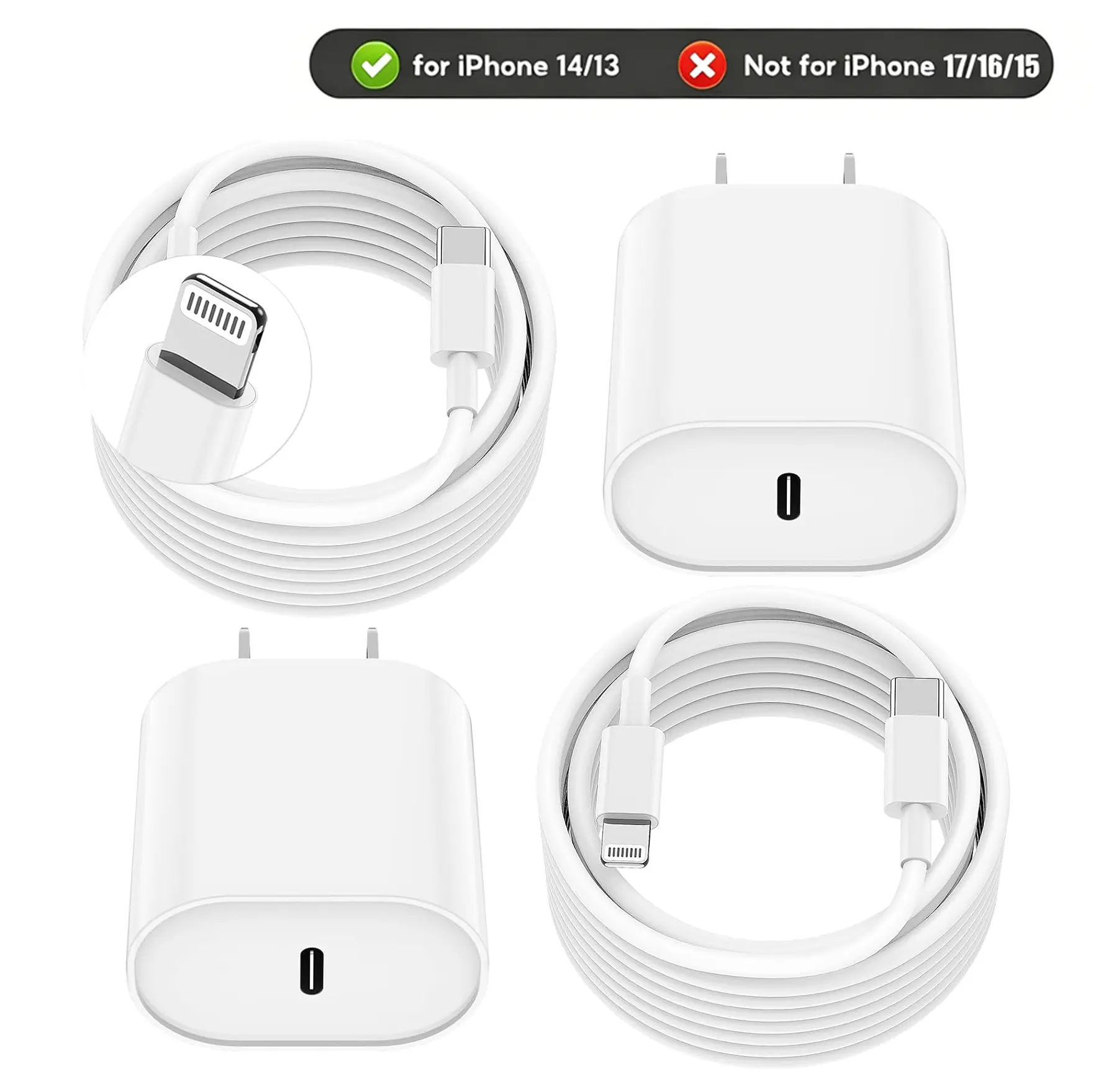 20W PD USB-C Smartphone Charger Set (1/2/3-Piece) - 10ft Fast Charging USB-C to Lightning Cable, Electronic Adapter with Cord Protection for iPhone 14/13/12/11 Pro/Pro Max, iPad, Mini, Device Lightning Port Chargers