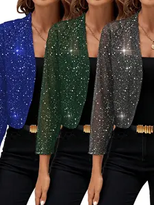 3 Piece Shiny Short Jackets for Women, Stylish Sheer Mesh V Neck Design, Perfect for Parties and Daily Wear