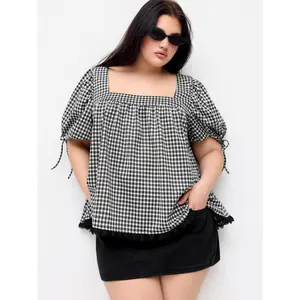 Cider Gingham Square Neck Puff Sleeve Drawstring Blouse Curve & Plus