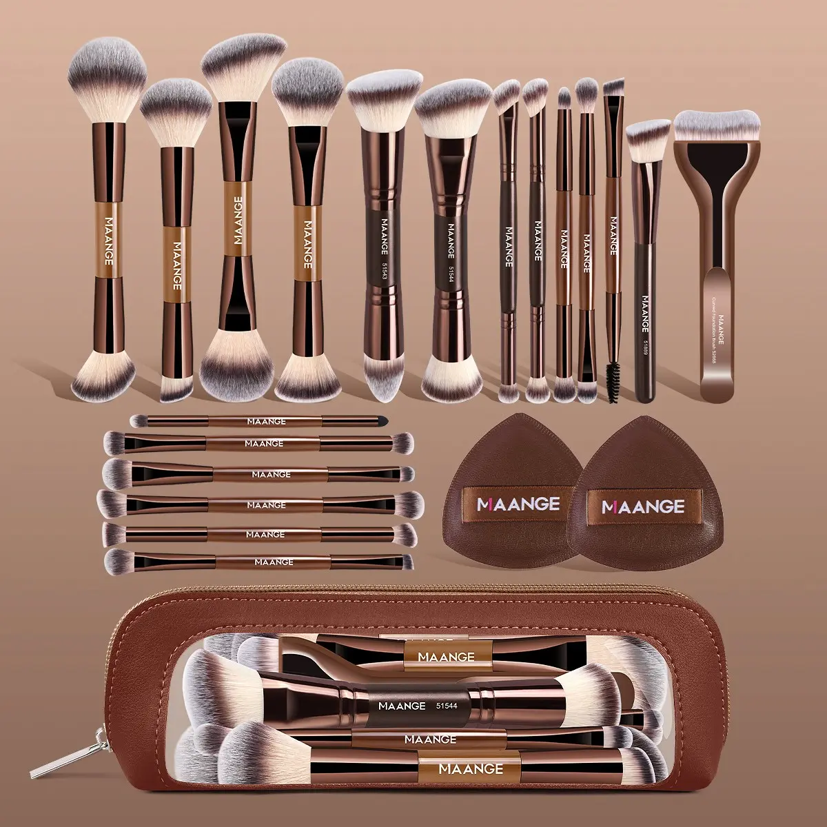 Maange 22-Piece Makeup Brush Set with 19 Brushes, 2 Powder Puffs, Storage Bag, Foundation Brush, Blush Brush, Eyeshadow Brush, Mascara Brush