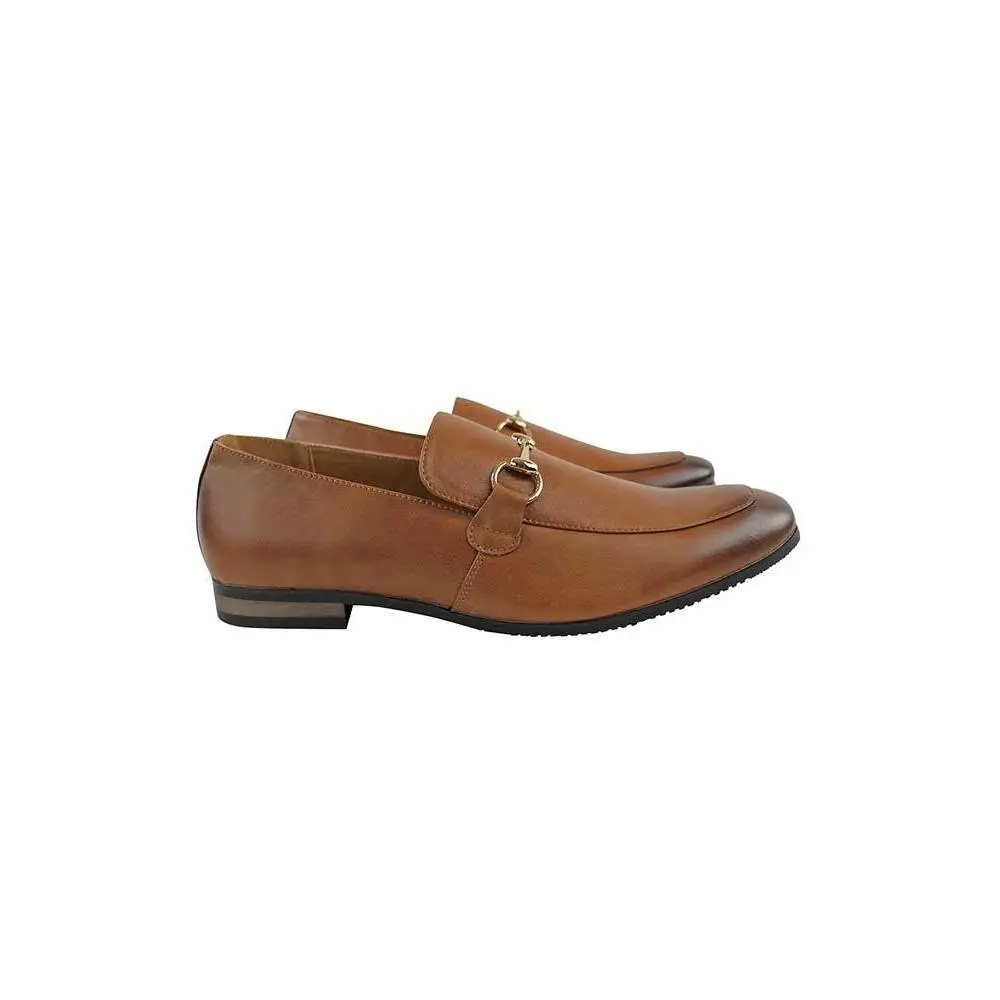 Genuine Leather Mens Cognac Brown Slip On Loafers Gold Buckle Dress Shoes By AZARMAN