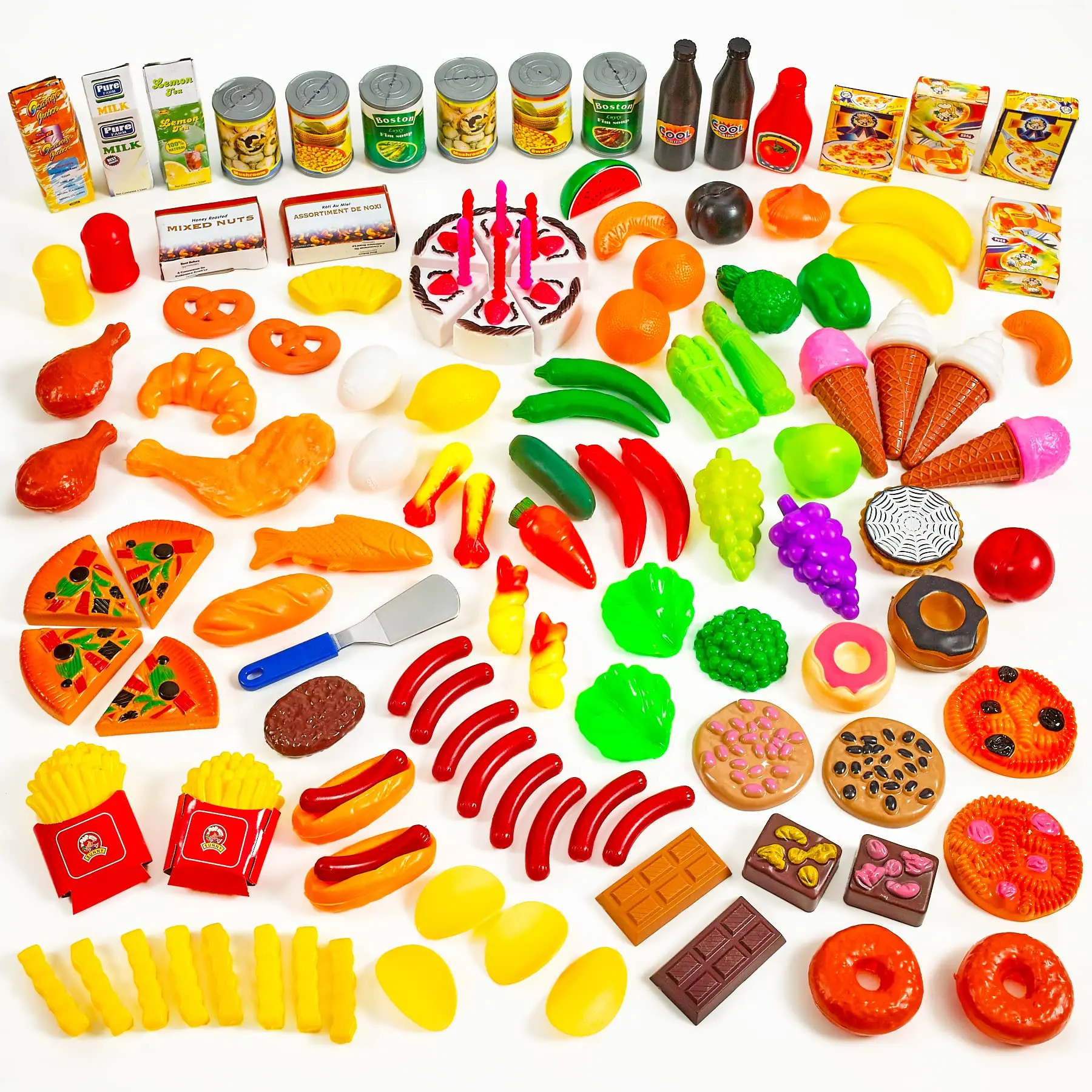 MEDca Kids Play Food Set - 130 Piece Pretend Play Collection - Assorted Fake Food Set Includes Fruits, Vegetables, Snacks, Dessert, Juices, Canned Goods and More for Boys and Girls Play Kitchen Accessories Pretend Cooking Set