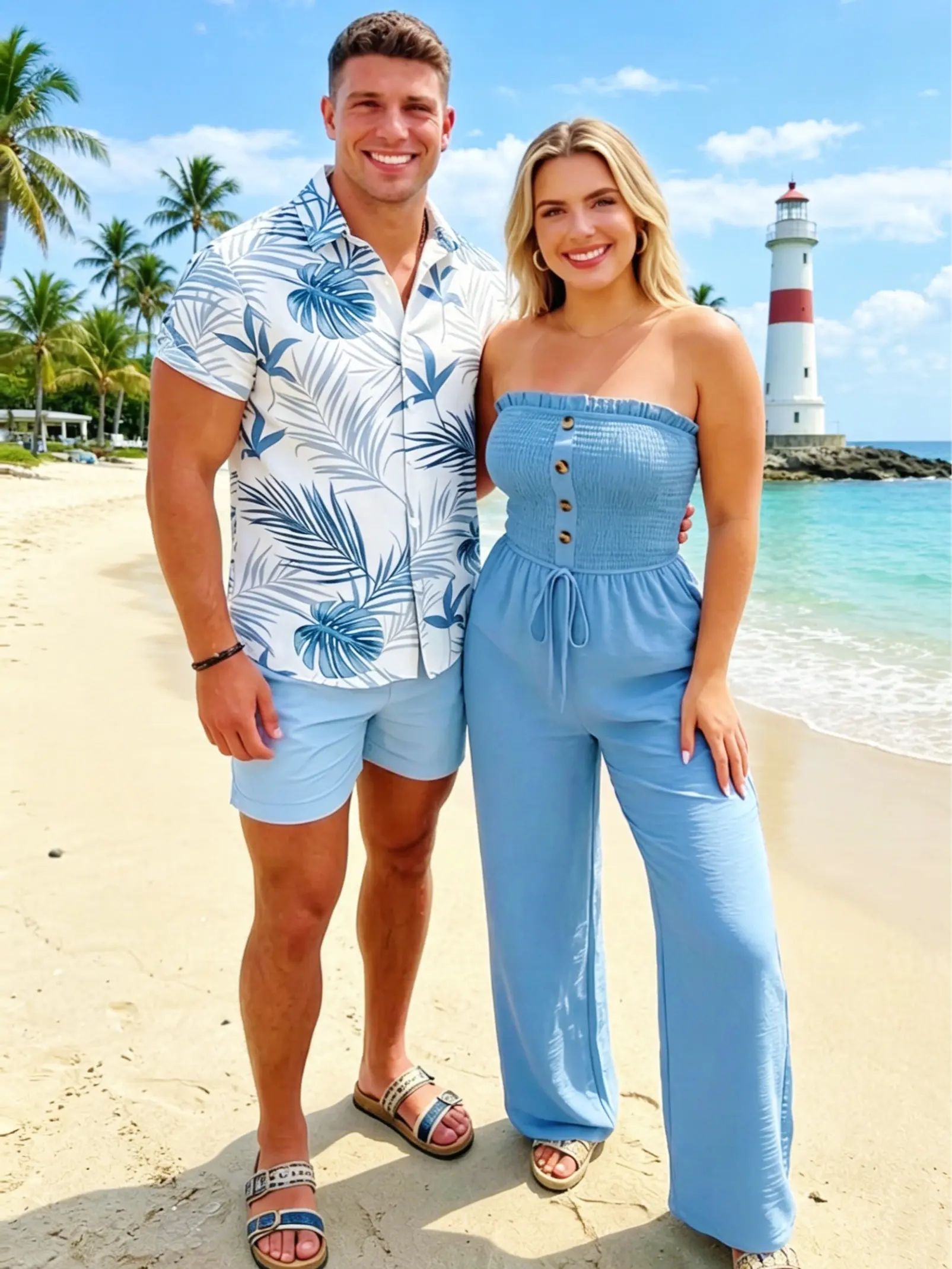 DRESSLILY Couples Matching Clothes Set, Her Chic Solid Off-the-Shoulder Smocked Jumpsuit & His Leaf Print Polyester Shirt for Vacation, Style, Fabric, Lightweight, Tropical, Breathable, Outfits, Lady, Halter Neck, Basic, Plus Size, Couples Gifts