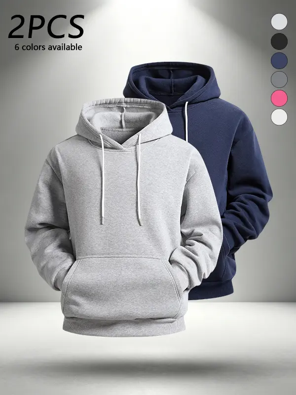 Men’s 2-pack stylish casual hoodies, featuring drawstring design and kangaroo pockets; fashionable, versatile hoodies made from soft, comfortable fabric.